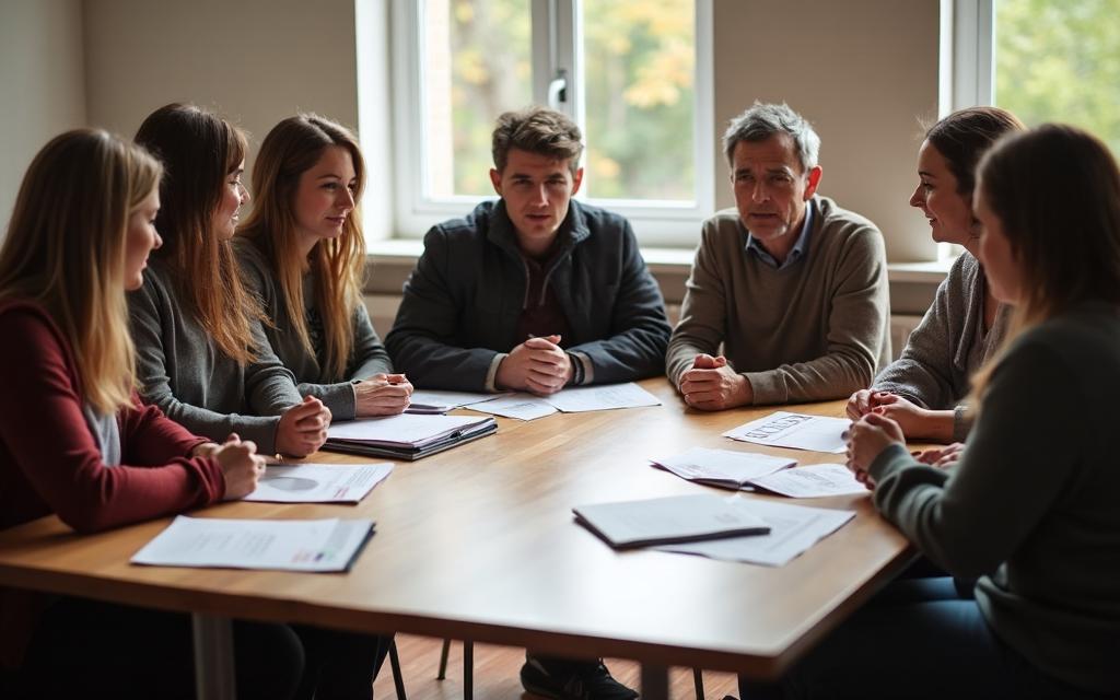 Diverse group of adults in educational support group meeting with informational materials