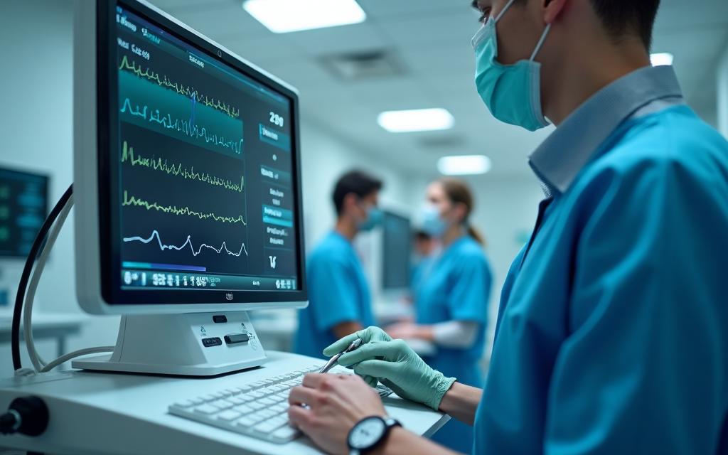 Healthcare professional monitoring vital signs on medical equipment in clinical setting